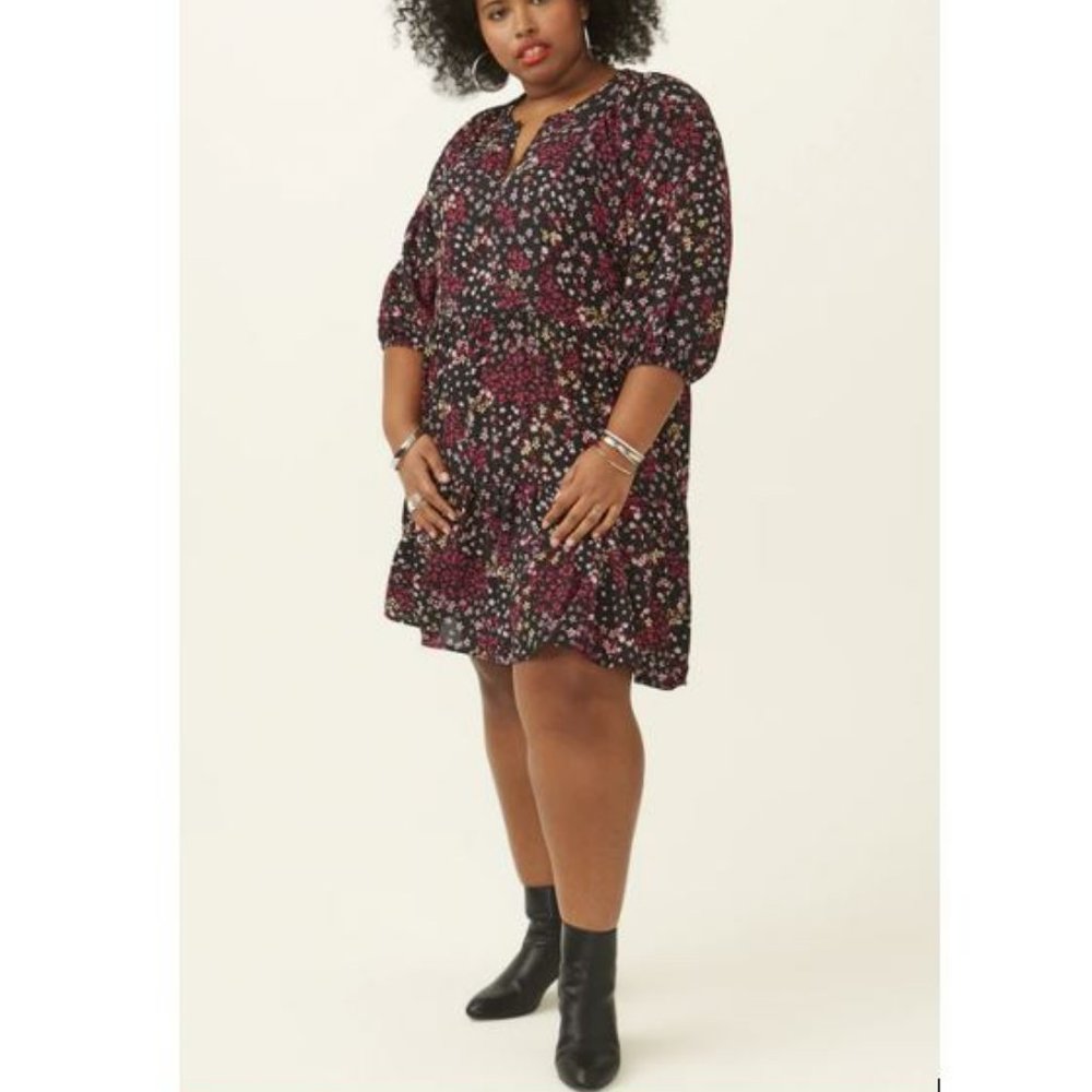 Molly&Isadora Women's Gail Tiered Babydoll Dress in Black floral Size 3X NWT